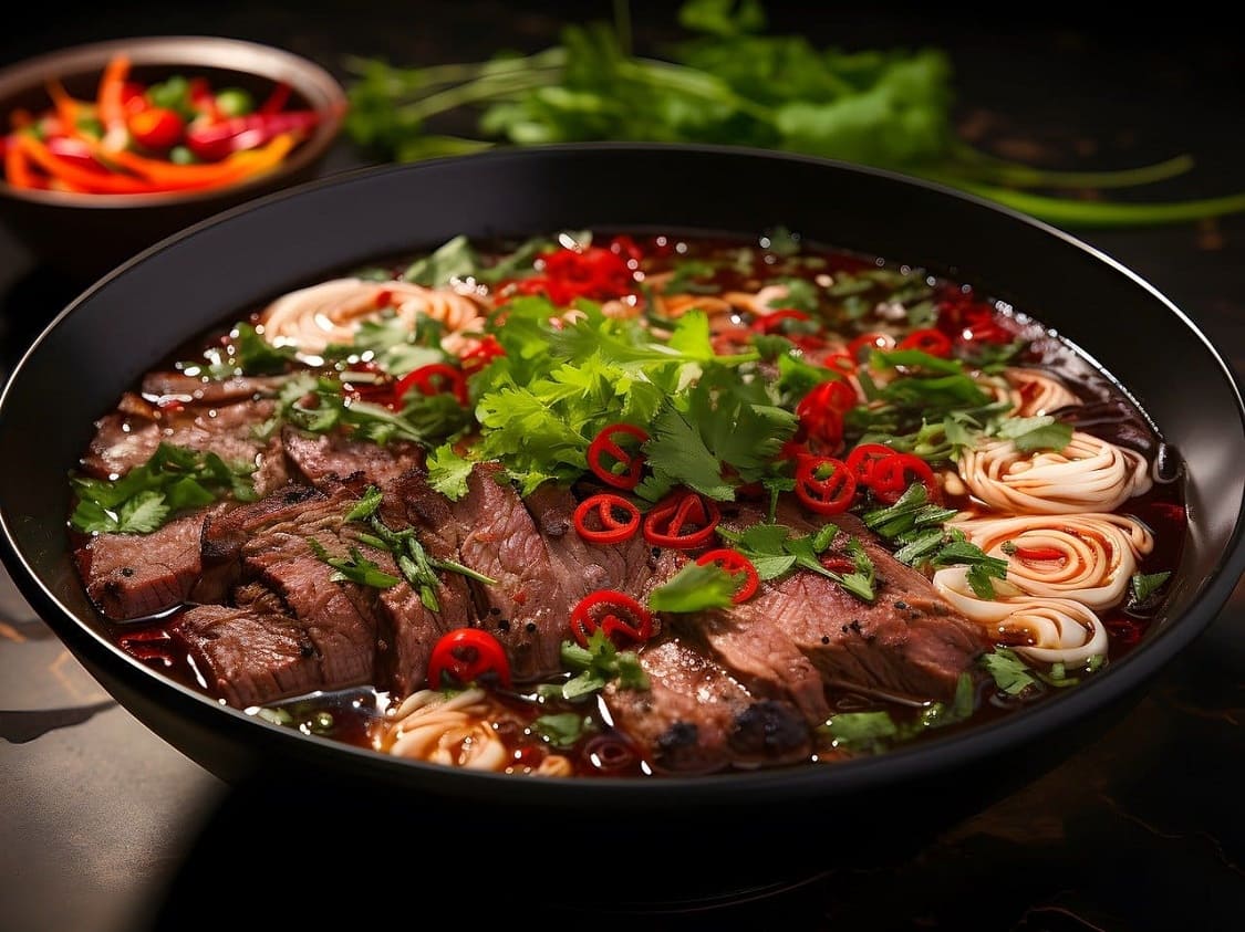 Pho (Vietnã): Uma sopa vietnamita de macarrão de arroz com carne (carne geralmente de boi), ervas frescas e outros ingredientes aromáticos.