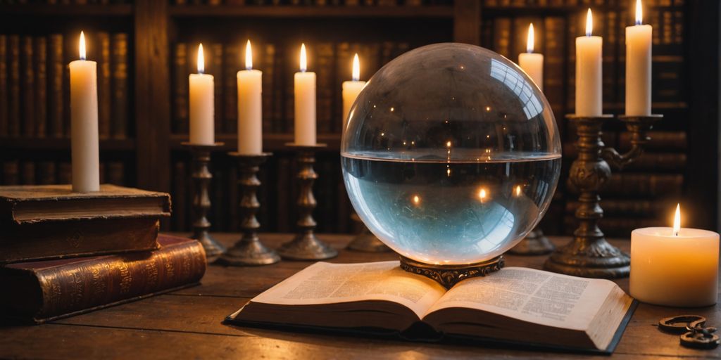 Glowing crystal ball with candles and books