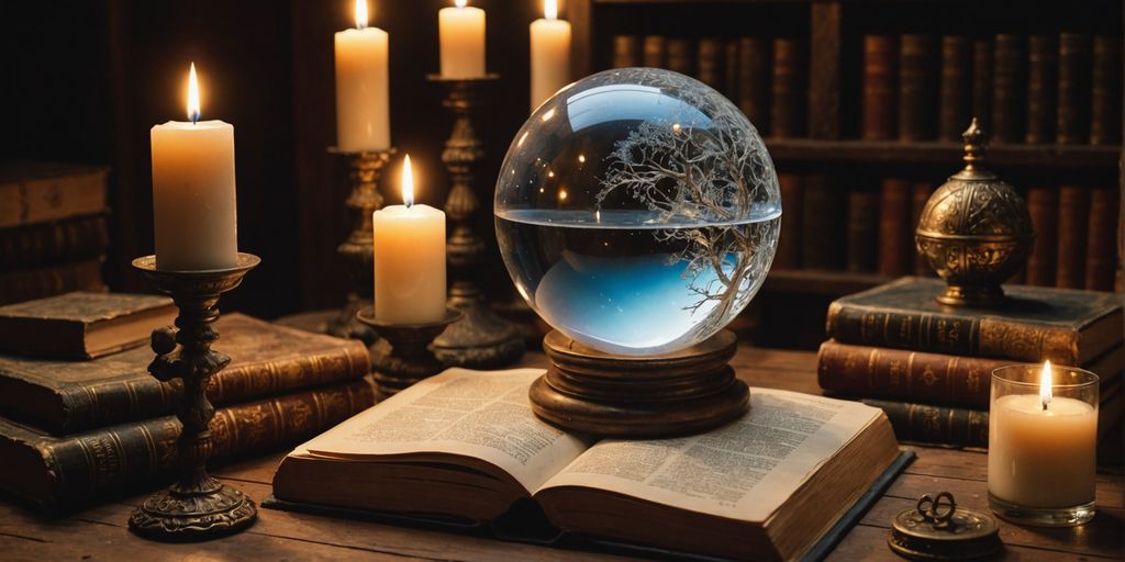 Crystal ball with candles and books